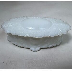 Vintage Milk Glass Trinket Box Oval‎ Ornate Jewelry Dish Dresser Decor